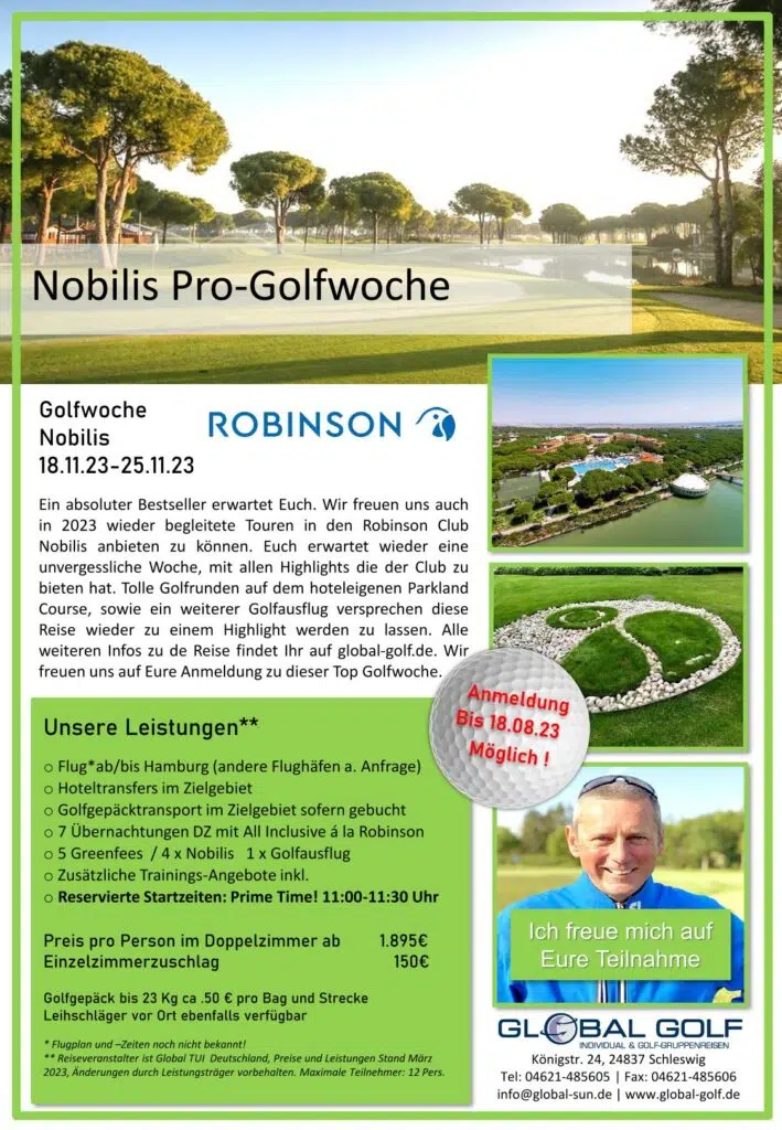 Hanse Golf Angebot Golf Gruppenreise mit PGA Golftrainer in den Robinson Nobilis, Belek Türkei