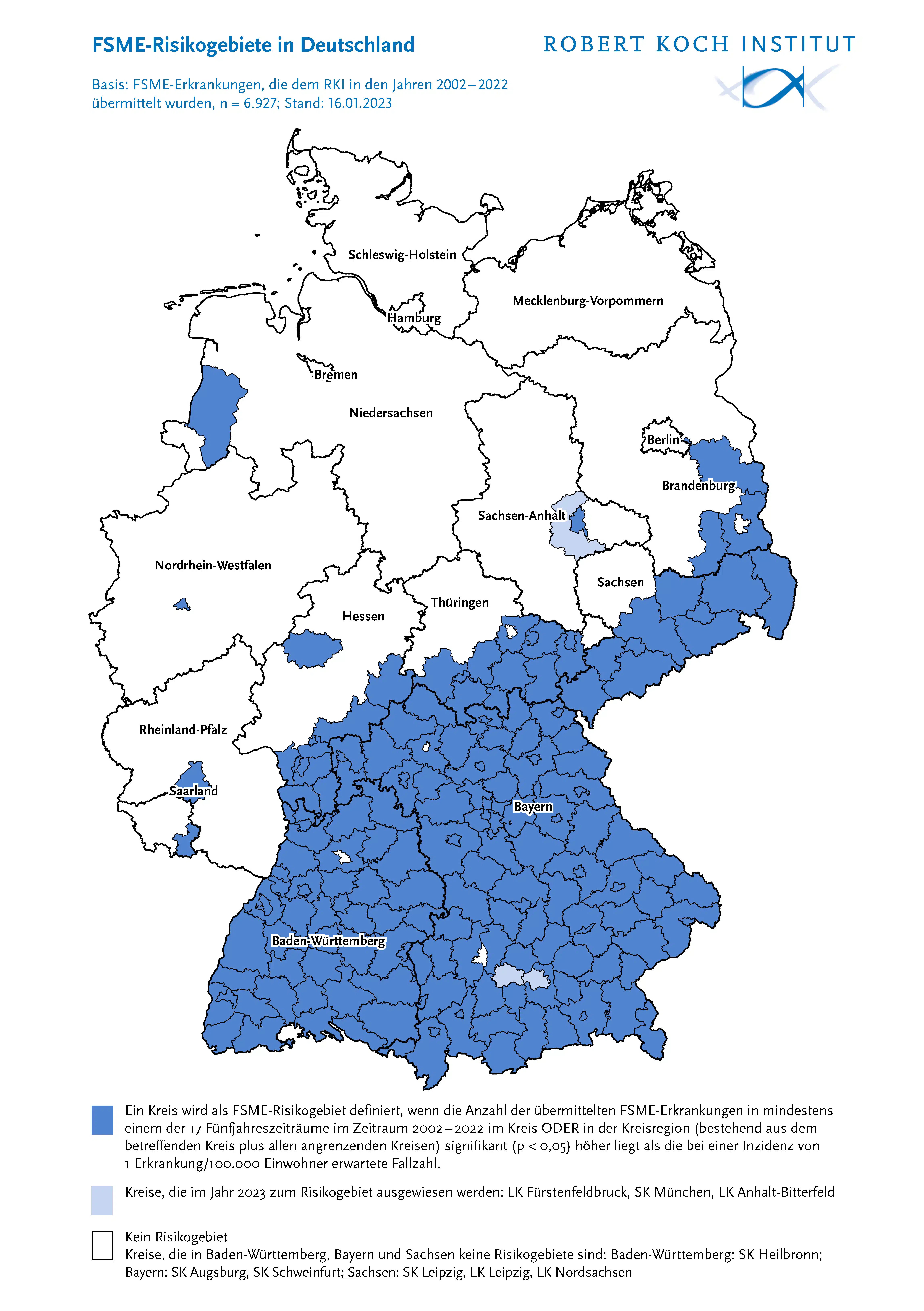 Übersichtskarte Zecken Risikogebiete in Deutschland
Robert Koch-Institut, 2023