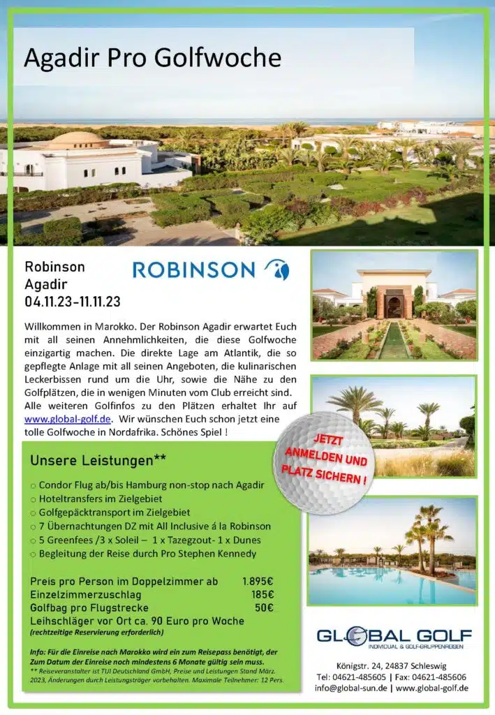 Golfreise mit Pro nach Agair, Marokko im November diesen Herbst