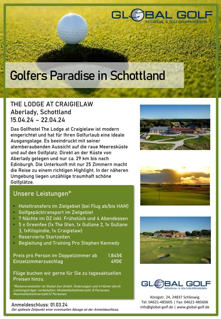 Golf-Gruppenreise nach Aberlady, Schottland 15.– 22.04.24