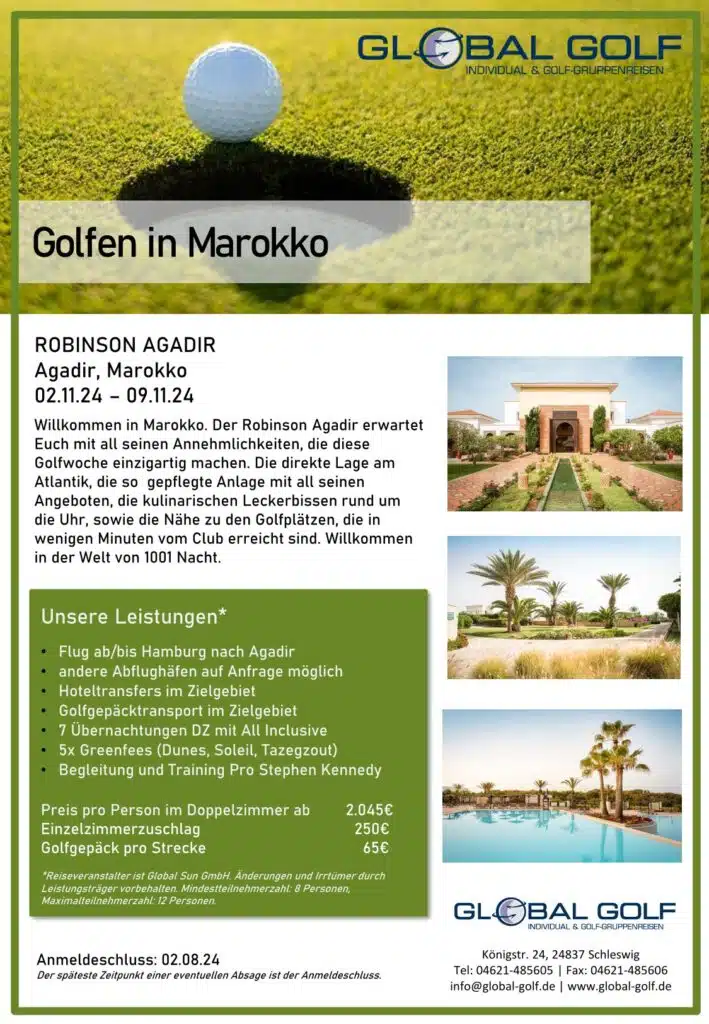 Golf-Gruppenreise Robinson Agadir, Marokko 02.11.24