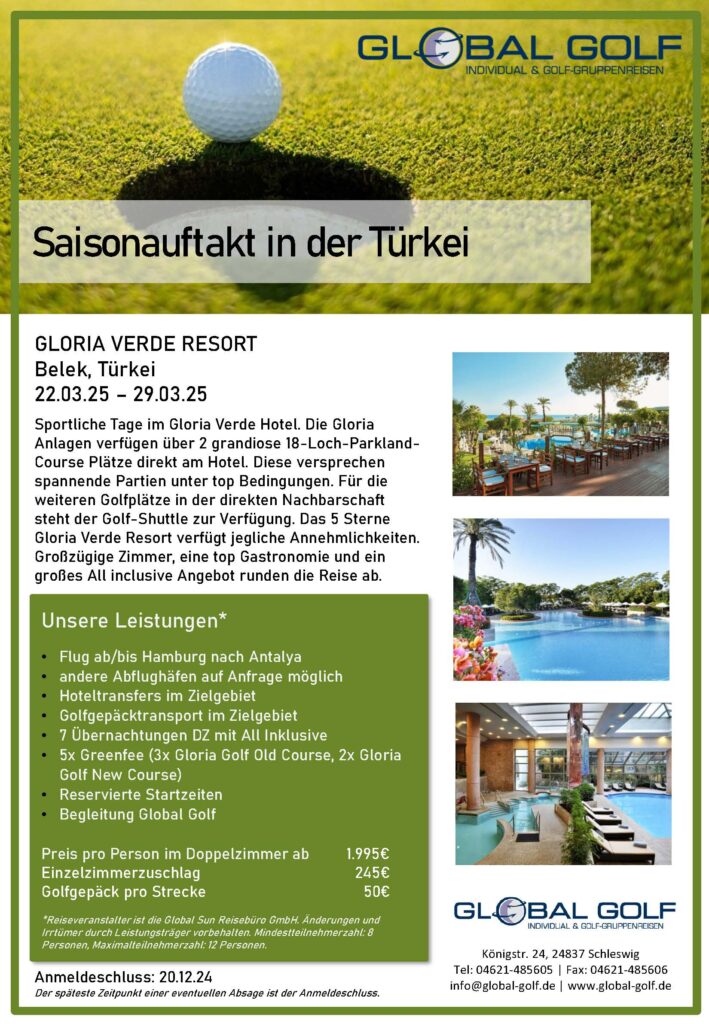 Golfreise in die Türkei, Gloria Verde Hotel 22.03.25