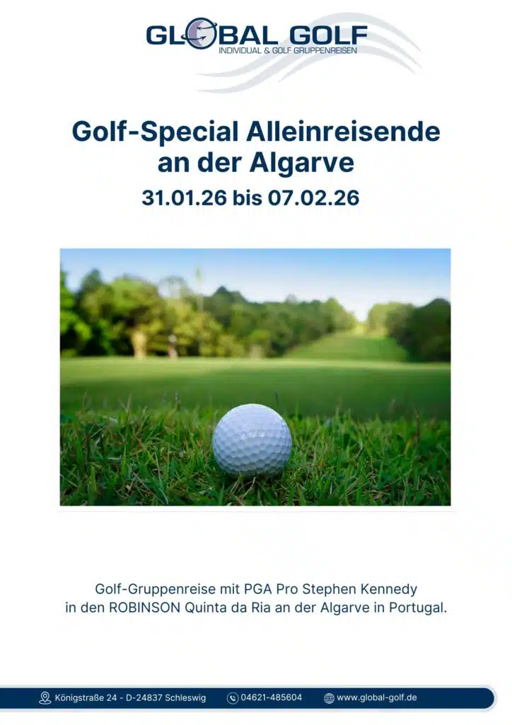 Golf-Special Alleinreisende: All Inkl. Single Golf-Gruppenreise mit PGA Pro Stephen Kennedy in den ROBINSON Quinta da Ria an der Algarve in Portugal