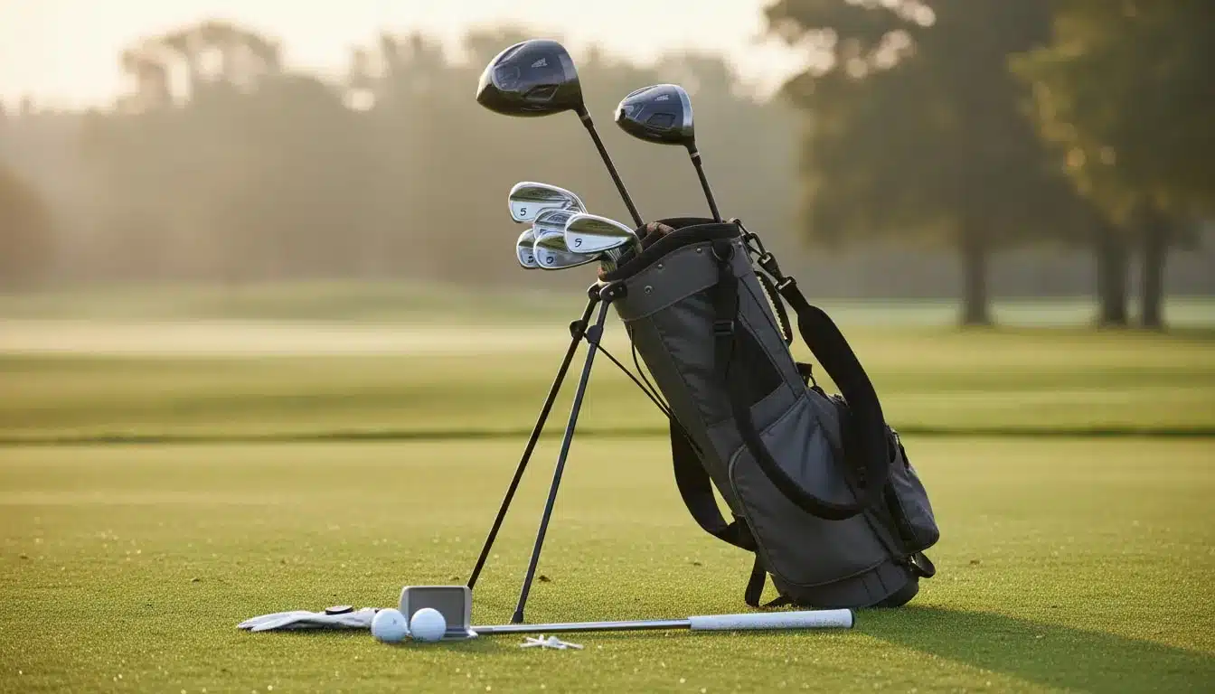 Golf-Ausrüstung für Golfanfänger: Das Set, mit dem ich heute beginnen würde Einsteiger 2 Fotorealistisches Bild eines leichten Golf-Standbags mit Doppeltragegurten und Einsteiger-Schlägerset (Driver, Hybrid, Eisen, Putter) auf saftigem Rasen bei Morgenlicht, mit Golfbällen und Handschuh, ohne Personen oder Text