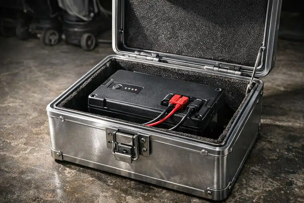 E-Trolley-Akku im Flugzeug Akku-Brand 4 WatchDog Akku Safebox – die golfspezifische Lösung